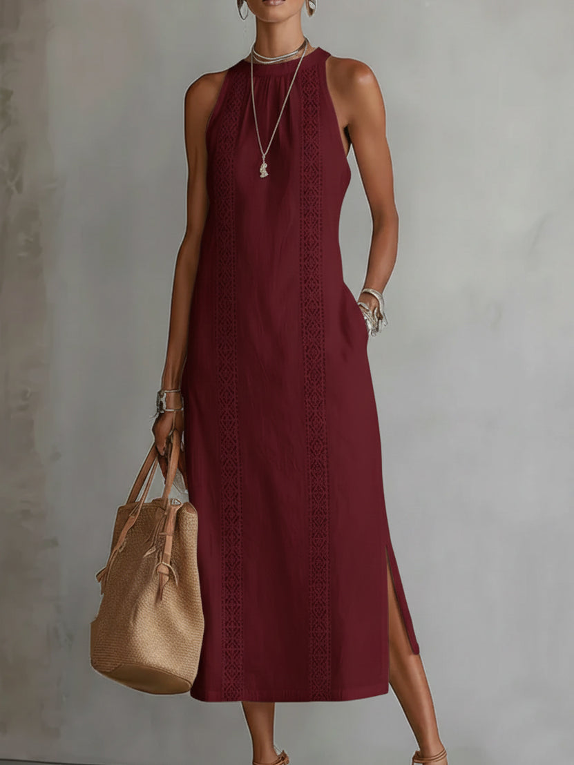 Mandarin Collar Midi Dress – Red