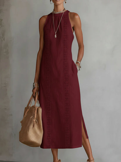 Mandarin Collar Midi Dress – Red