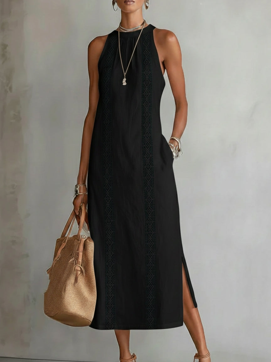 Mandarin Collar Midi Dress – Black