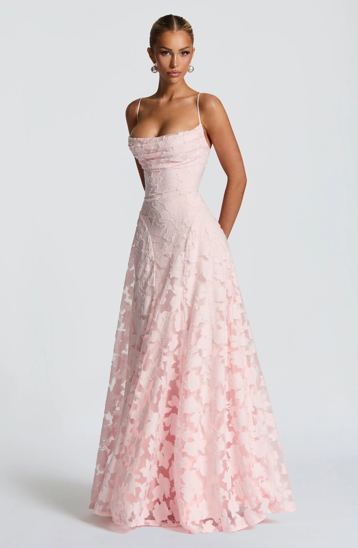 Floral Textured Open-Back Maxi Dress in Pink – full-length front view, hands in pockets