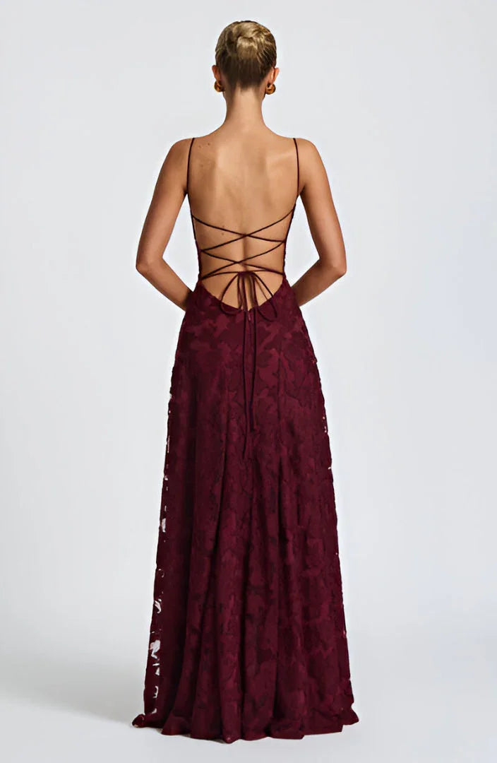 Floral Textured Open-Back Maxi Dress in Burgundy – back view showing lace-up open back