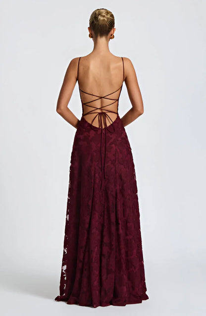 Floral Textured Open-Back Maxi Dress in Burgundy – back view showing lace-up open back