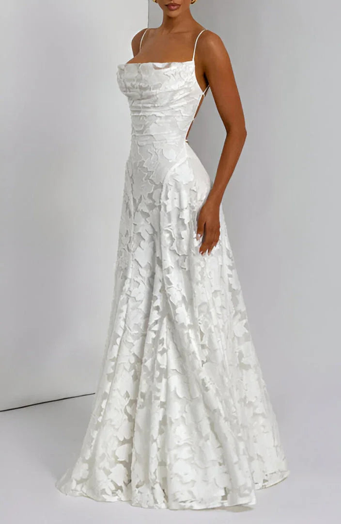 Floral Textured Open-Back Maxi Dress in White – full-length three-quarter view