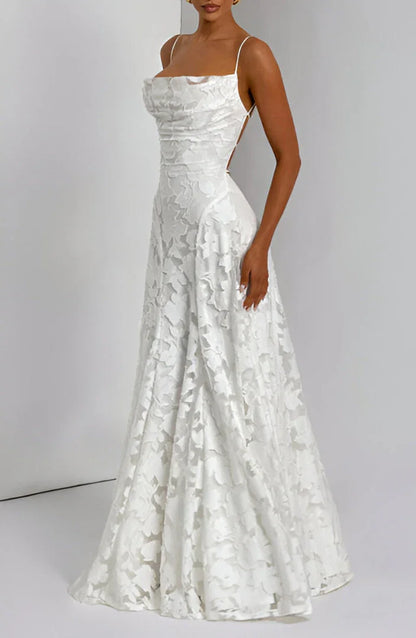 Floral Textured Open-Back Maxi Dress in White – full-length three-quarter view
