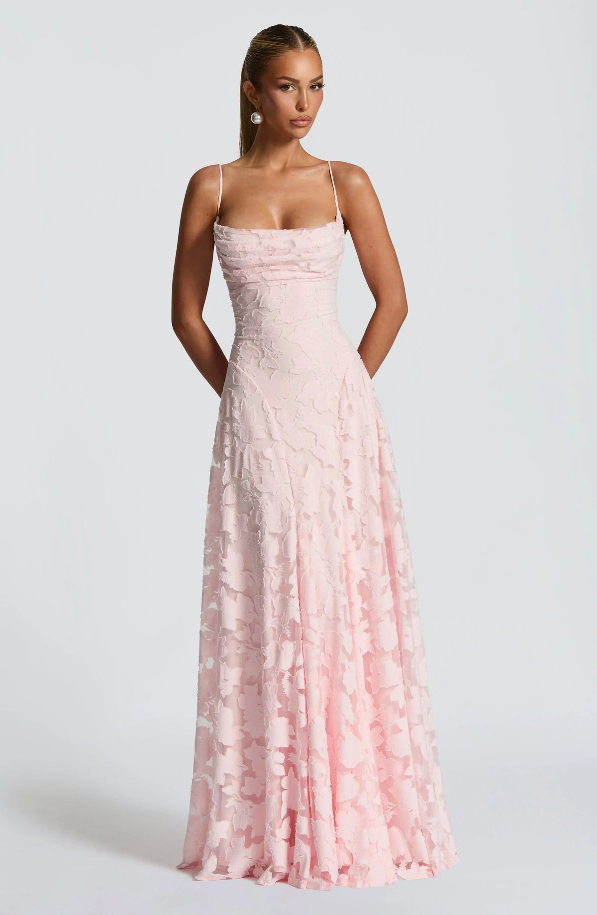 Floral Textured Open-Back Maxi Dress in Pink – full-length front view