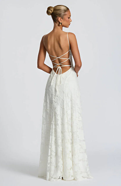 Floral Textured Open-Back Maxi Dress in White – back view showing lace-up open back