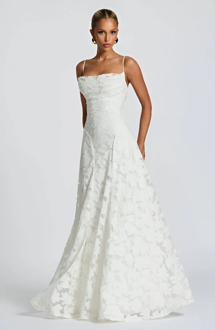 Floral Textured Open-Back Maxi Dress in White – full-length front view