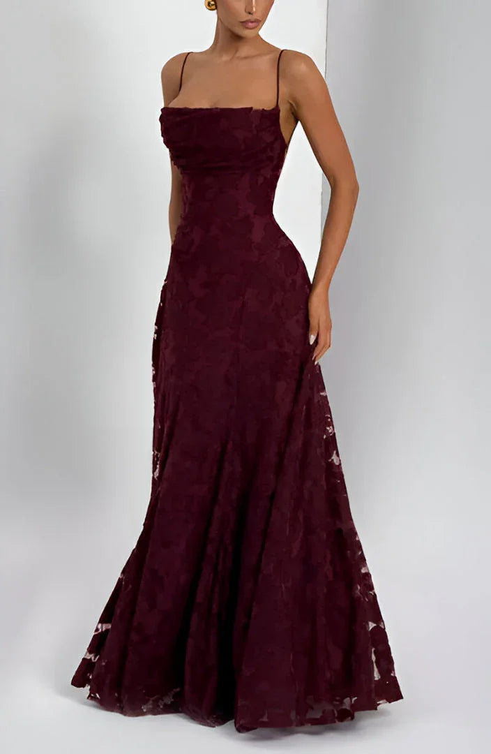 Floral Textured Open-Back Maxi Dress in Burgundy – full-length three-quarter view