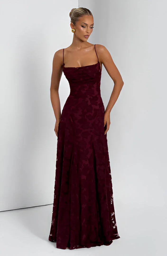 Floral Textured Open-Back Maxi Dress in Burgundy – full-length front view