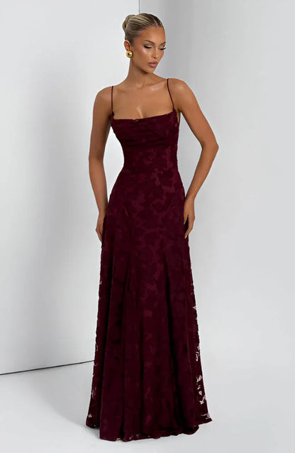 Floral Textured Open-Back Maxi Dress in Burgundy – full-length front view