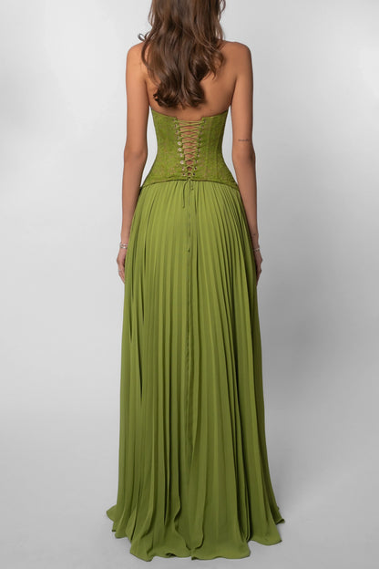 Green Corset Pleated Maxi Dress – back view showing lace-up corset back