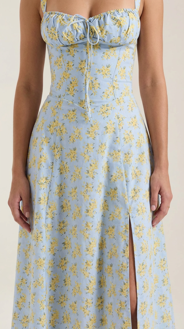 Floral Lace-Up Sweetheart Midi Dress in Light Blue – close-up of tie-front bodice