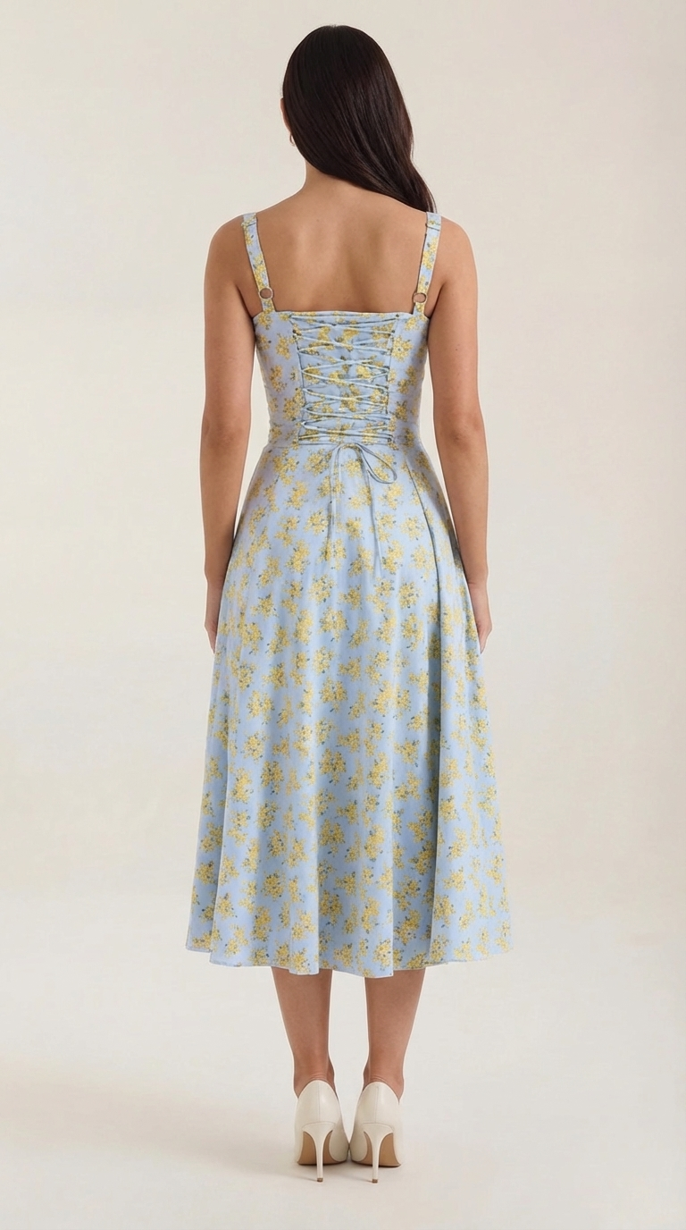 Floral Lace-Up Sweetheart Midi Dress in Light Blue – back view showing lace-up back