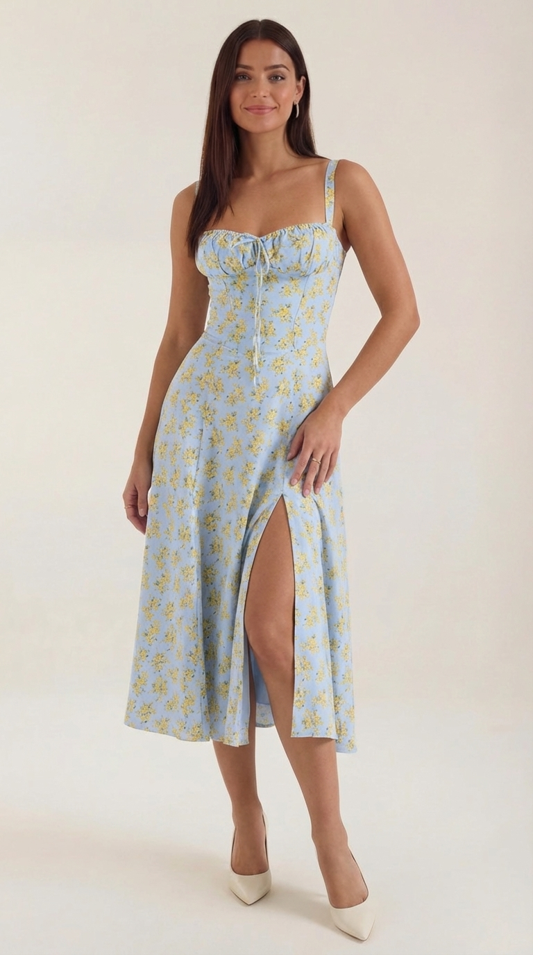 Floral Lace-Up Sweetheart Midi Dress in Light Blue – front view showing front slit