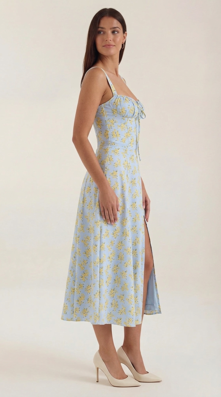 Floral Lace-Up Sweetheart Midi Dress in Light Blue – side view
