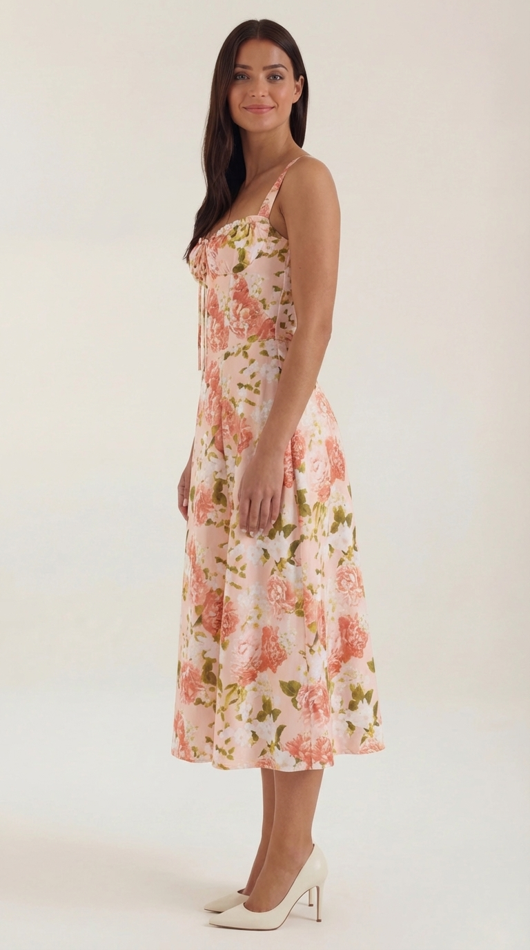 Floral Lace-Up Sweetheart Midi Dress in Orange – side view