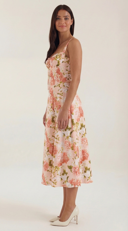 Floral Lace-Up Sweetheart Midi Dress in Orange – side view