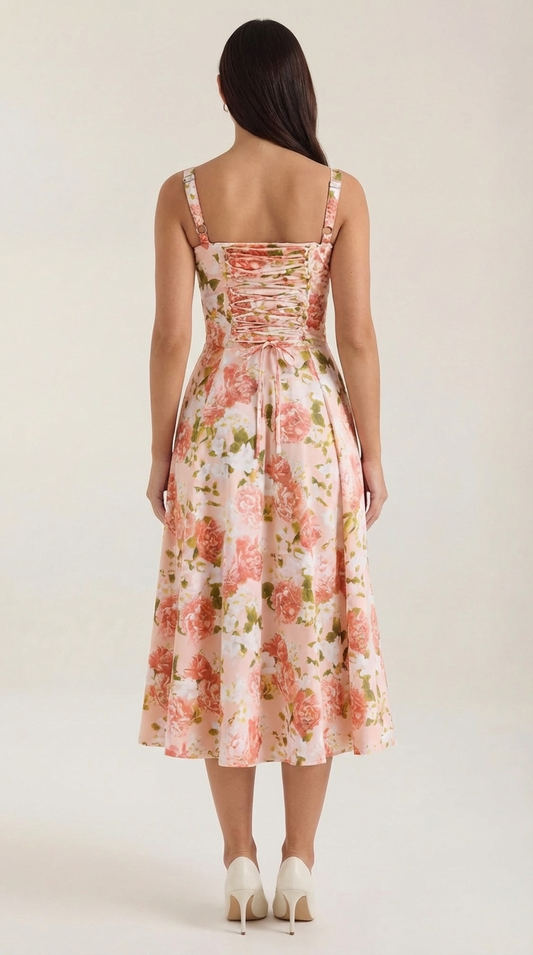 Floral Lace-Up Sweetheart Midi Dress in Orange – back view showing lace-up back