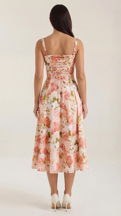 Floral Lace-Up Sweetheart Midi Dress in Orange – back view showing lace-up back
