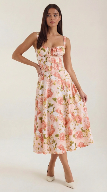 Floral Lace-Up Sweetheart Midi Dress in Orange – front view with hands on hips