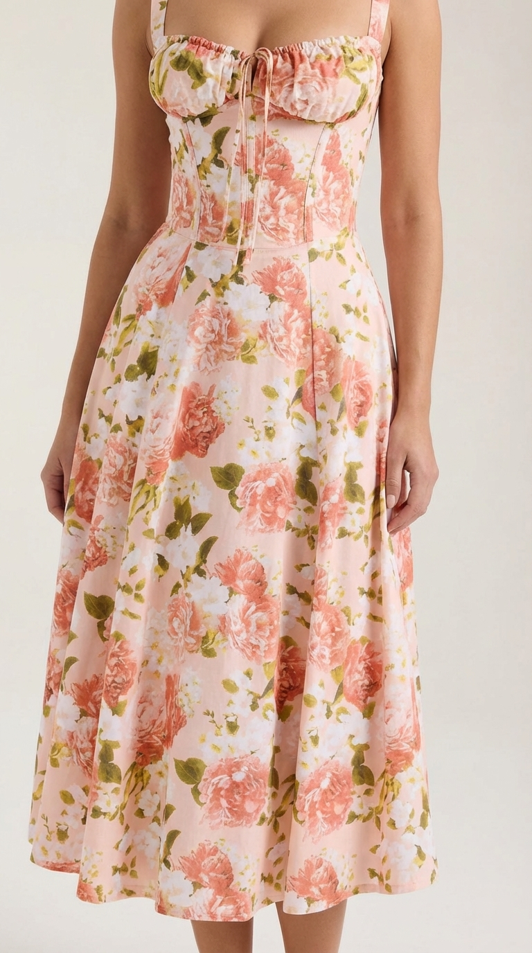 Floral Lace-Up Sweetheart Midi Dress in Orange – close-up of bodice and skirt