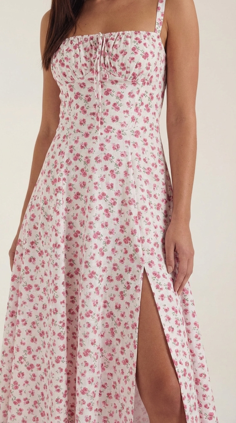 Floral Lace-Up Sweetheart Midi Dress in Pink – close-up of bodice and front slit
