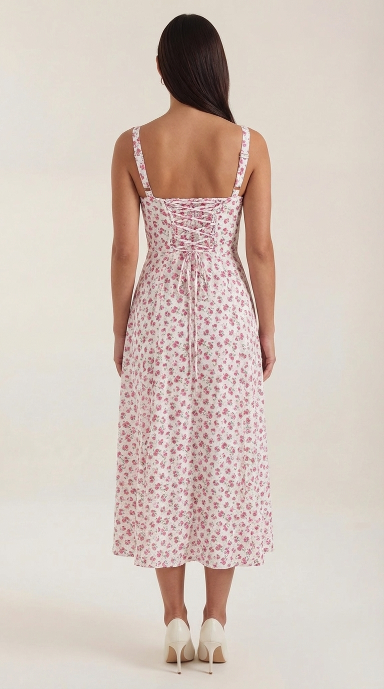 Floral Lace-Up Sweetheart Midi Dress in Pink – back view showing lace-up back