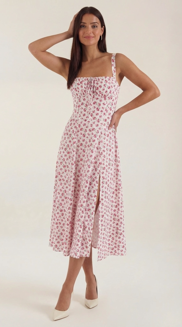 Floral Lace-Up Sweetheart Midi Dress in Pink – front view, full length