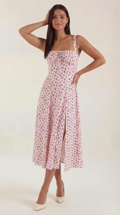 Floral Lace-Up Sweetheart Midi Dress in Pink – front view, full length