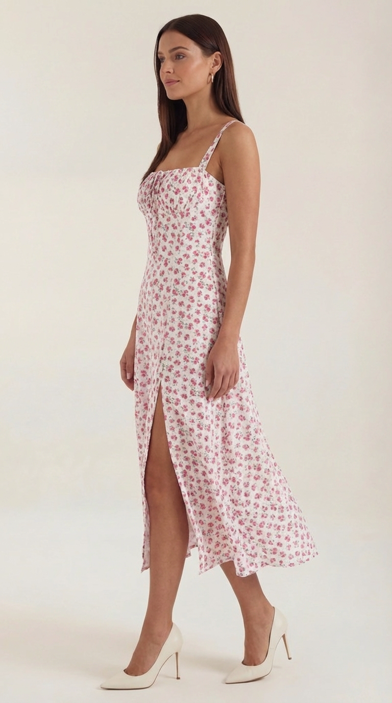 Floral Lace-Up Sweetheart Midi Dress in Pink – side view