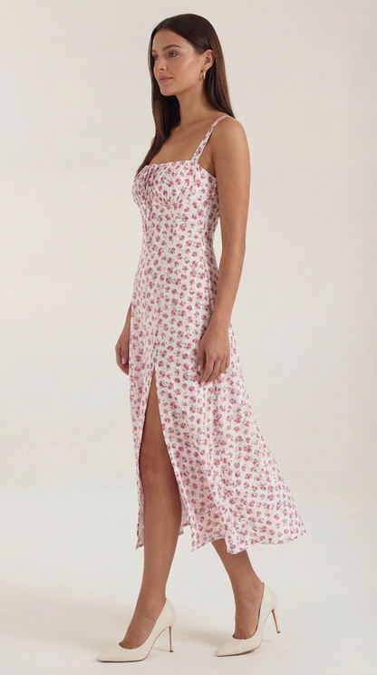 Floral Lace-Up Sweetheart Midi Dress in Pink – side view