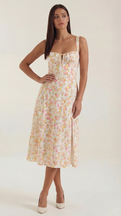 Floral Lace-Up Sweetheart Midi Dress in White – front view, full length