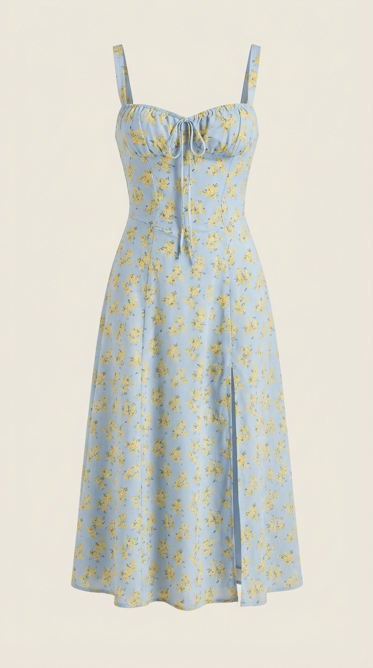 Floral Lace-Up Sweetheart Midi Dress in Light Blue – flat-lay product shot