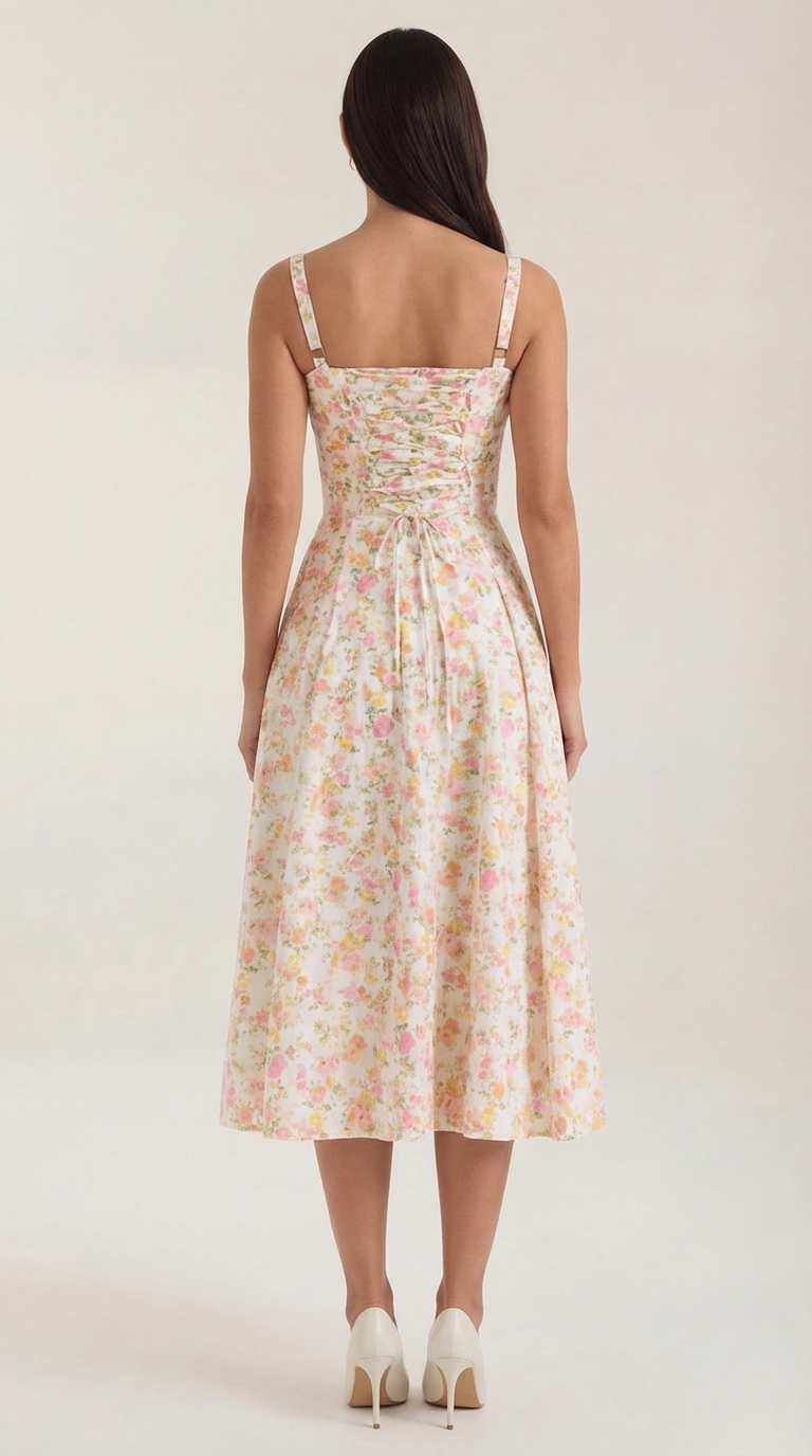 Floral Lace-Up Sweetheart Midi Dress in White – back view showing lace-up back