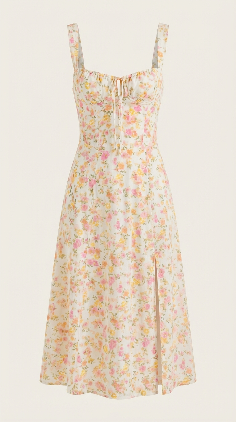 Floral Lace-Up Sweetheart Midi Dress in White – flat-lay product shot