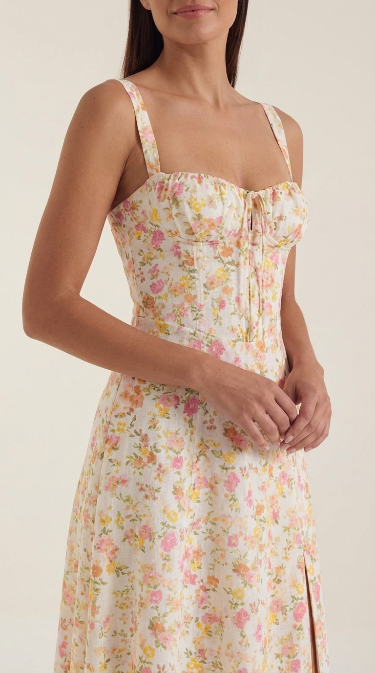 Floral Lace-Up Sweetheart Midi Dress in White – close-up of tie-front bodice