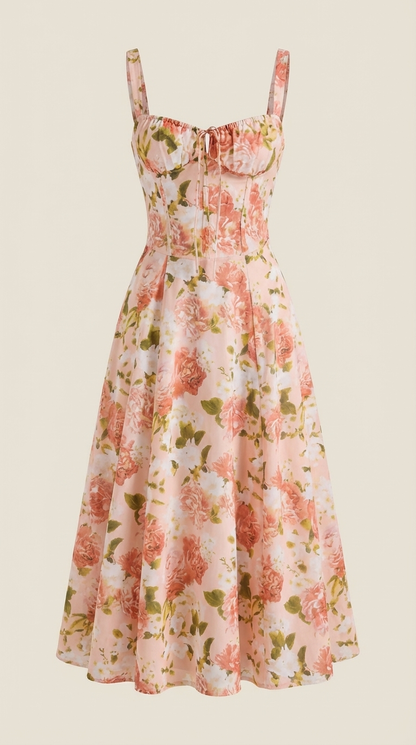 Floral Lace-Up Sweetheart Midi Dress in Orange – flat-lay product shot