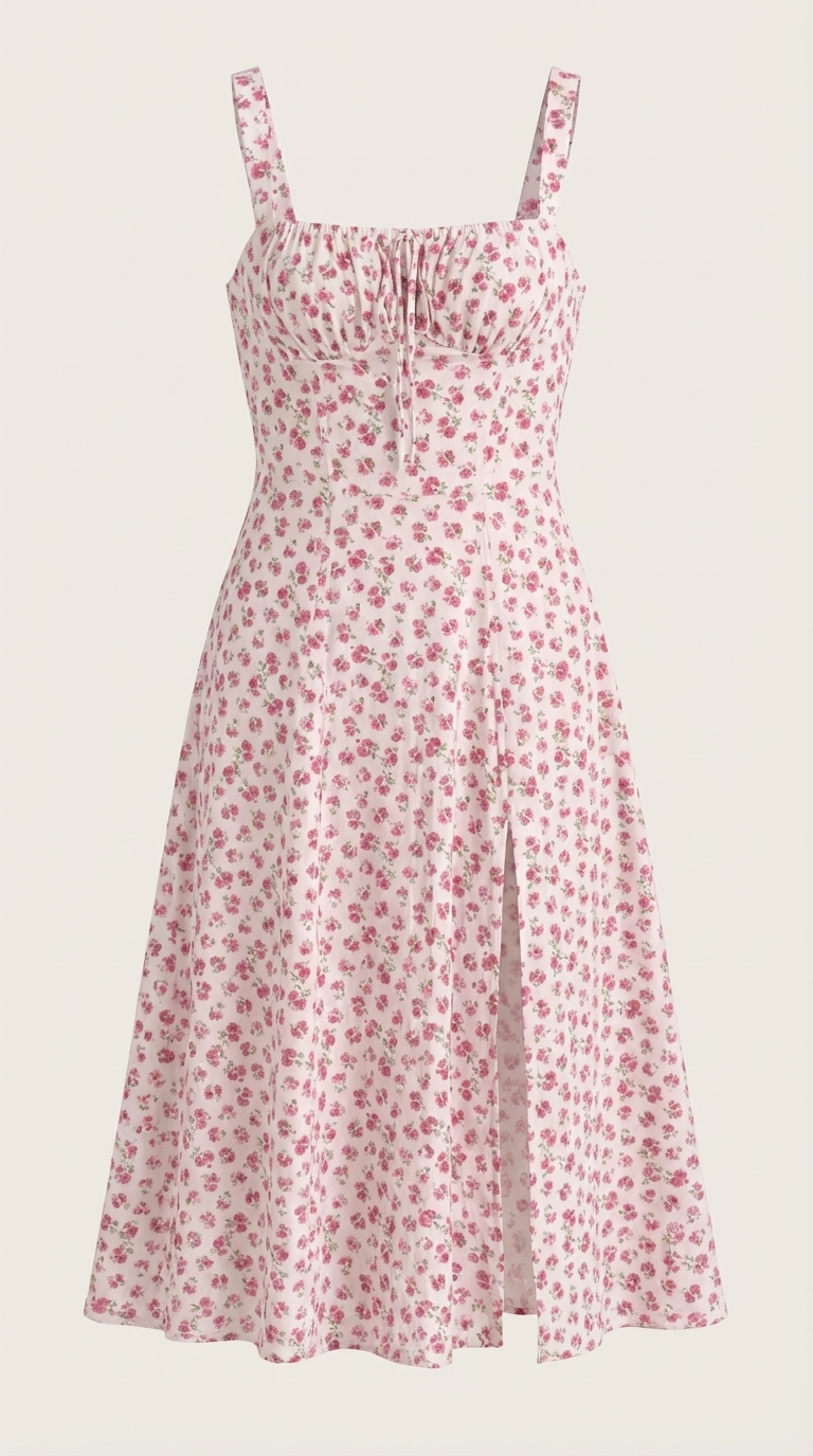 Floral Lace-Up Sweetheart Midi Dress in Pink – flat-lay product shot
