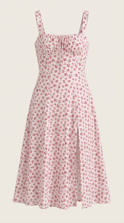Floral Lace-Up Sweetheart Midi Dress in Pink – flat-lay product shot