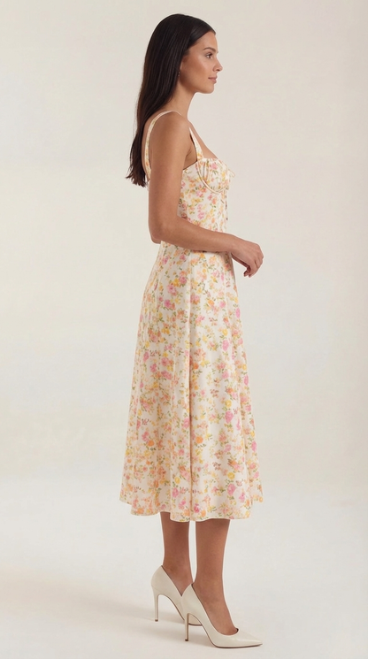 Floral Lace-Up Sweetheart Midi Dress in White – side view