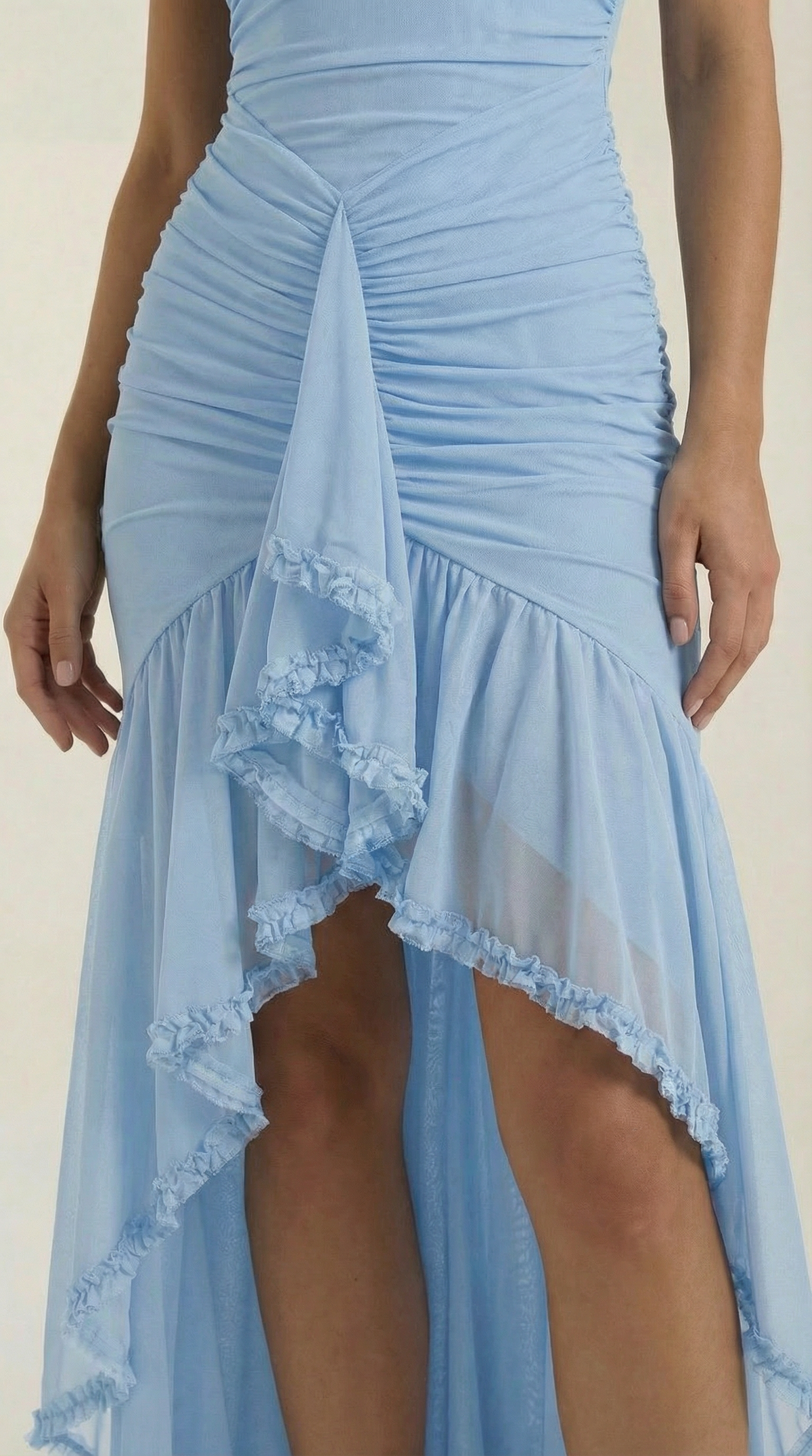 Ruffle Trim High-Low Maxi Dress in Light Blue – close-up of high-low ruffle skirt