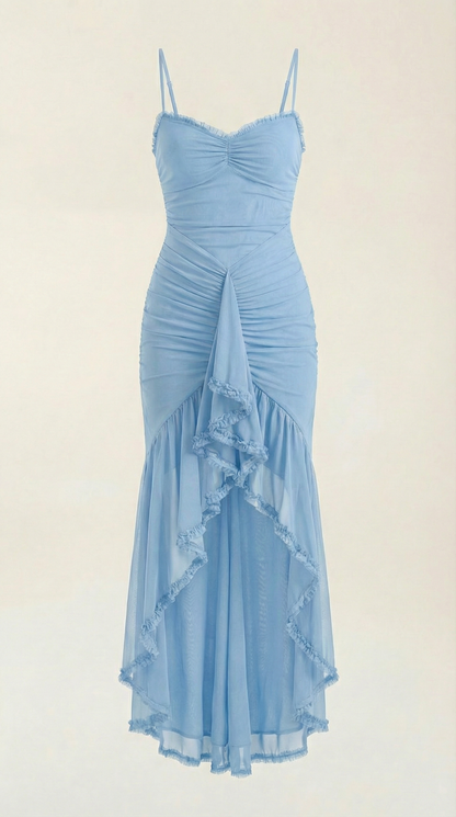 Ruffle Trim High-Low Maxi Dress in Light Blue – flat product shot