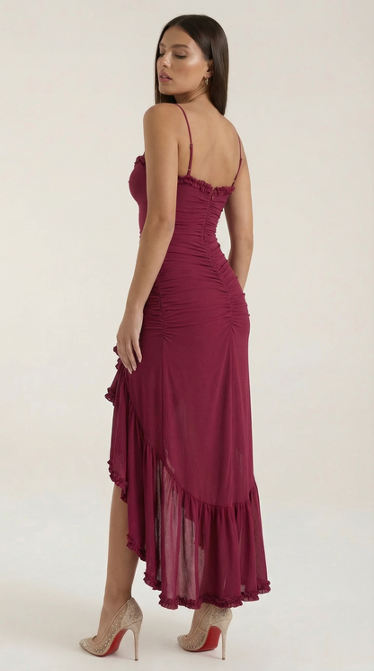 Ruffle Trim High-Low Maxi Dress in Burgundy – back view