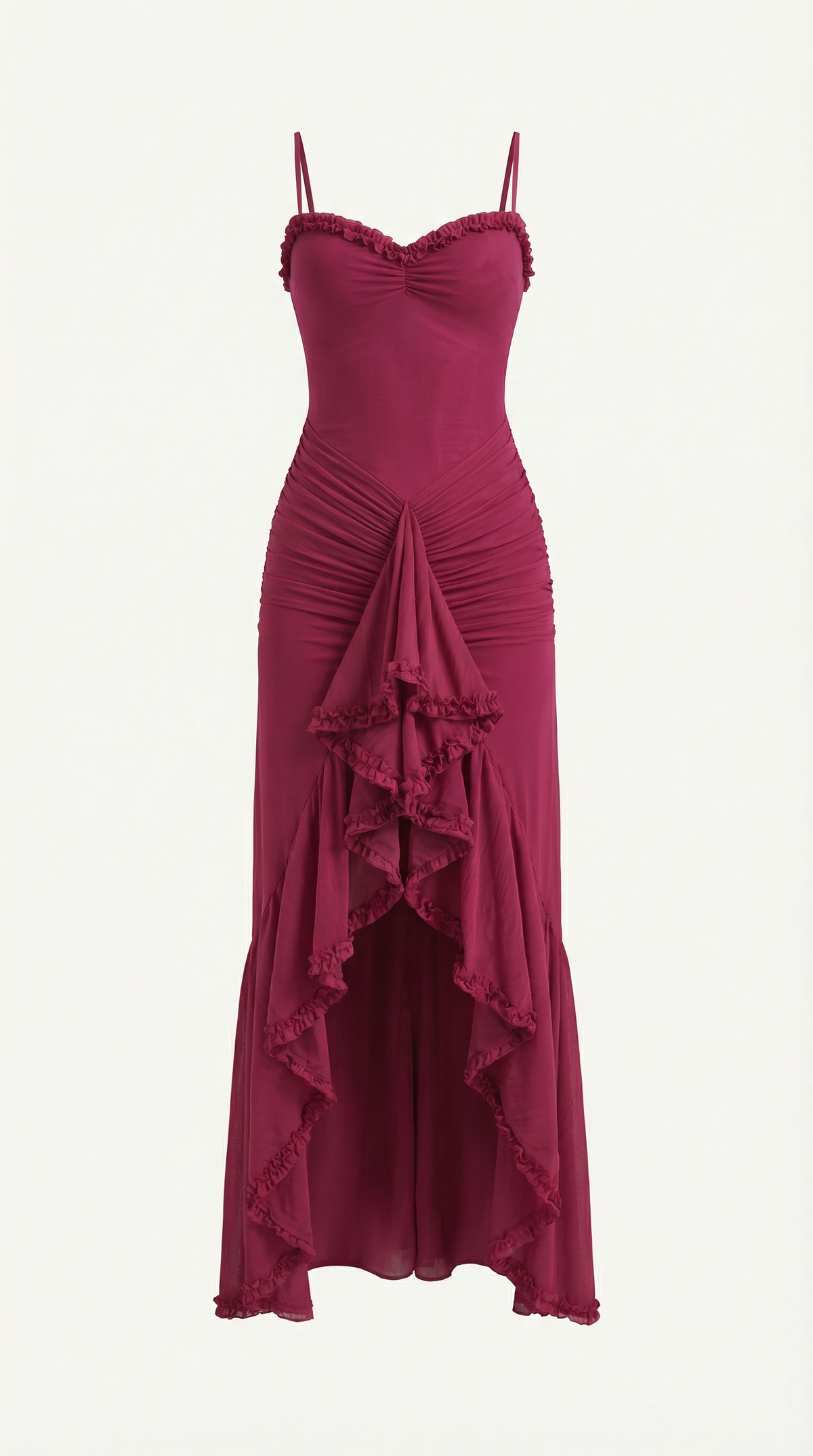 Ruffle Trim High-Low Maxi Dress in Burgundy – flat product shot