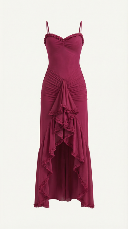 Ruffle Trim High-Low Maxi Dress in Burgundy – flat product shot