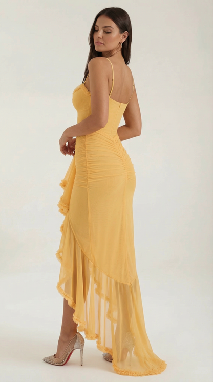Ruffle Trim High-Low Maxi Dress in Yellow – back view