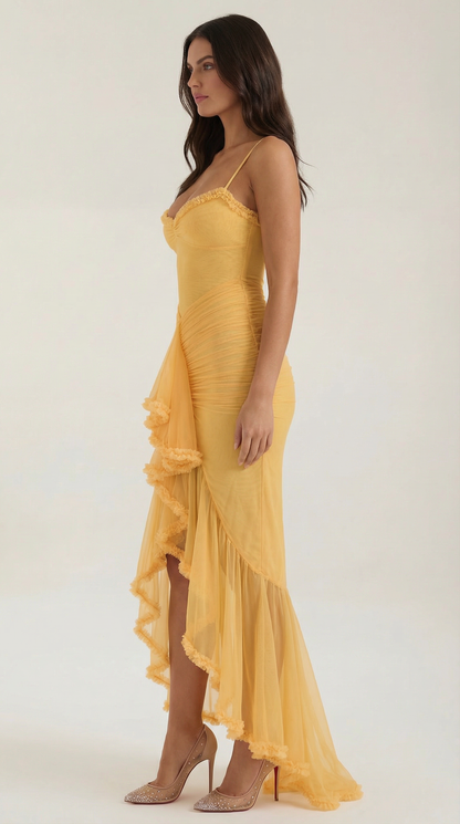 Ruffle Trim High-Low Maxi Dress in Yellow – three-quarter view