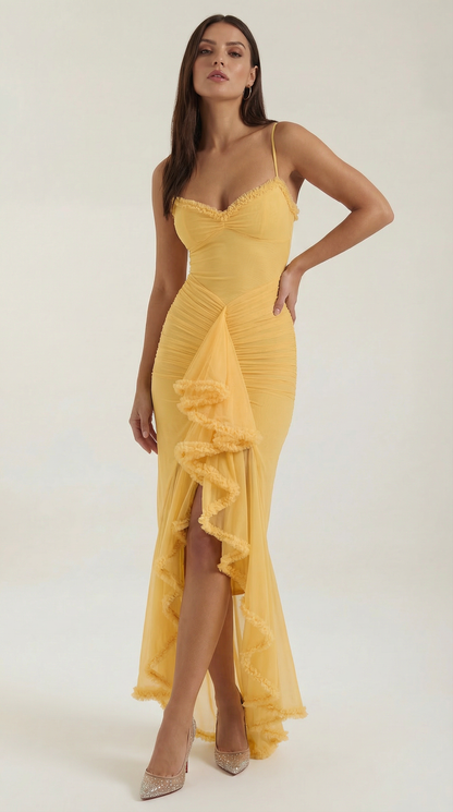 Ruffle Trim High-Low Maxi Dress in Yellow – full-length front view