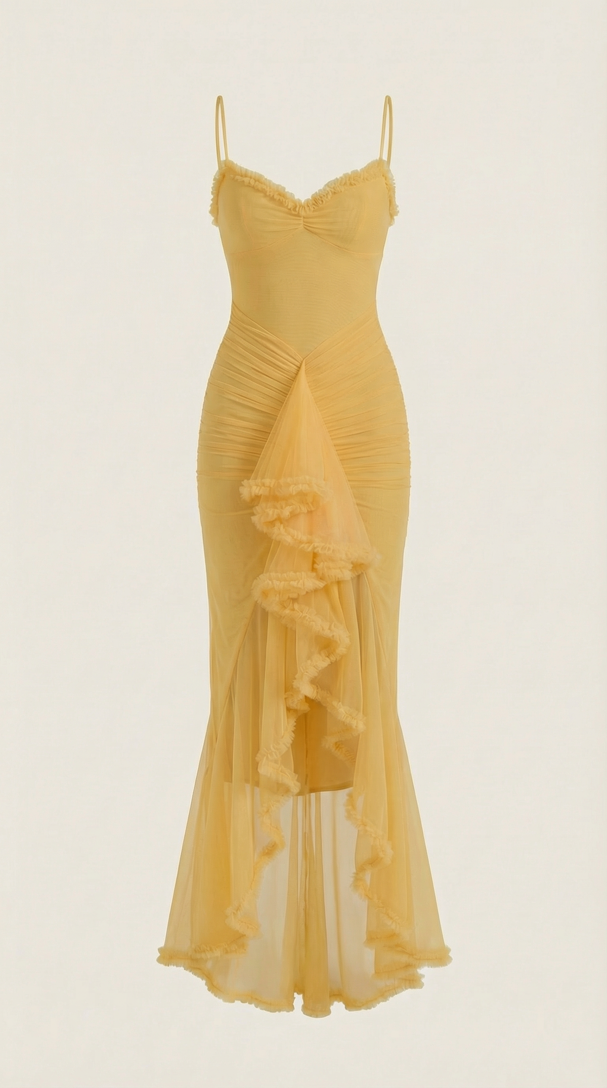 Ruffle Trim High-Low Maxi Dress in Yellow – flat product shot