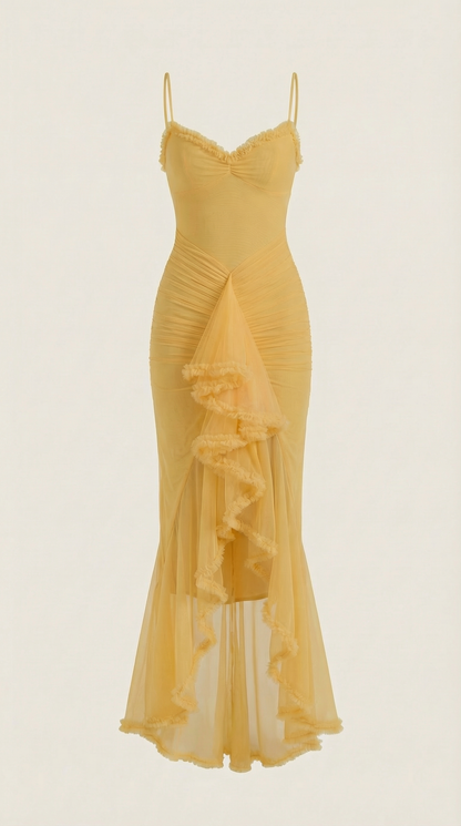 Ruffle Trim High-Low Maxi Dress in Yellow – flat product shot